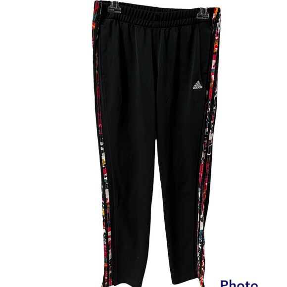 Adidas Climalite Joggers Women Sz L Dark Gray Floral Stripes Taper Zip Ankle - Picture 1 of 9